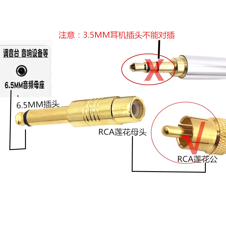 6.5mm大二芯转RCA莲花母头转换器调音台吉他转接线音频音响转接头 - 图0