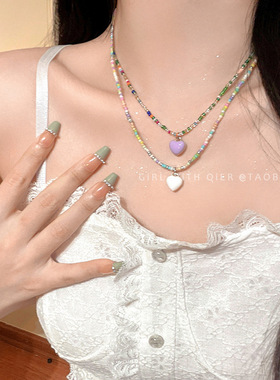 2024年新款彩色串珠爱心项链女夏季小清新甜美气质网红锁骨链配饰