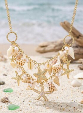 欧美波西米亚海星贝壳项链女海边度假风多层串珠夸张锁骨链项链