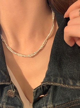 女碎银子珍珠双层叠戴项链