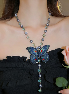 高级感红钻刺绣蝴蝶玻璃珠毛衣链