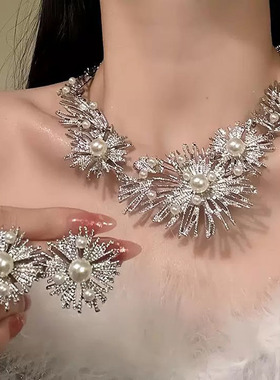 复古高级感烟花镶珍珠项链耳钉女