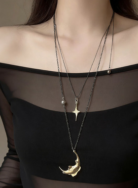 韩式做旧星星月亮吊坠项链双层潮
