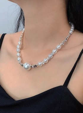 高档几何碎银串珠拼接珍珠项链女