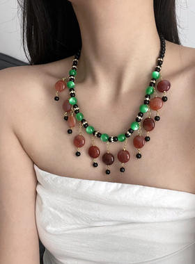 波希米亚风风水晶串珠流苏项链女