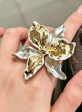 冷淡风夸张白金色鸢尾花戒指女款