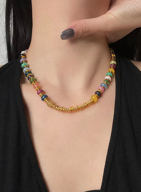 多巴胺彩色天然石串珠拼接项链女