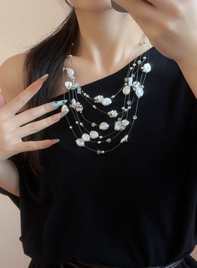 多层异形珍珠隐形鱼线串珠项链女