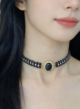 暗黑风黑珍珠串珠闪钻多层项链女