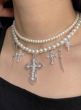十字架吊坠双层珍珠项链锁骨链女
