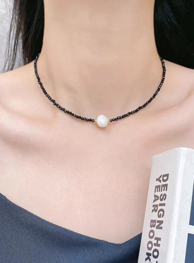 韩式简约黑尖晶串珠珍珠项链女