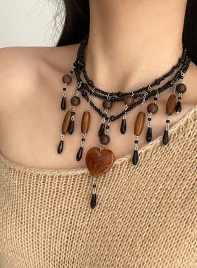 复古多层串珠树脂爱心流苏项链女