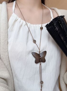 国风复古长款流苏木质蝴蝶项链女