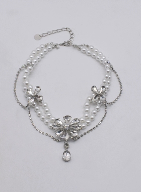 双层珍珠镶钻花朵挂链水滴项链女