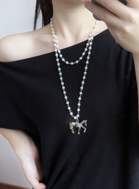 韩系ins风珍珠小马吊坠项链女款