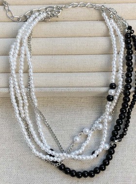 法式长款黑白串珠珍珠项链毛衣链
