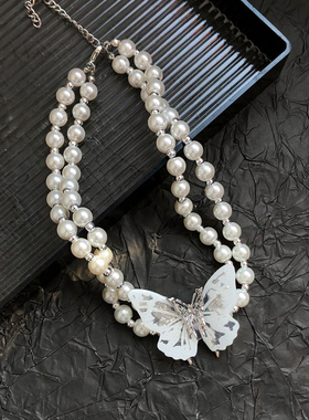 法式轻奢双层珍珠镶钻蝴蝶项链女
