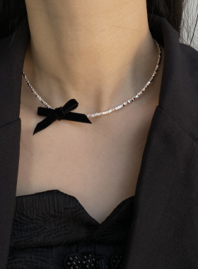 金属闪亮女黑蝴蝶结项链锁骨链