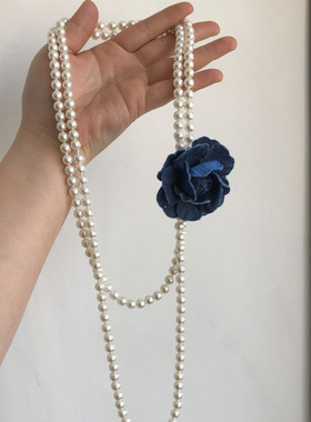 时髦法式山茶花朵多层珍珠项链女