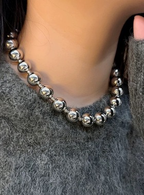 韩系简约银色金属圆球串珠项链女