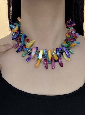 多层叠戴彩色贝壳颈链锁骨链项链