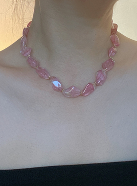 水晶串珠女粉色水晶锁骨项链