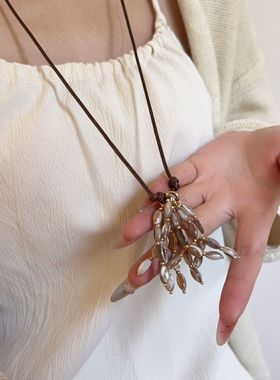 复古民族风长贝壳麦穗吊坠项链女