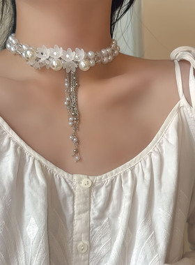 甜美精致珍珠水晶花朵流苏项链女