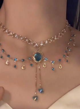 异域风贝壳流苏蓝色锆石蝴蝶项链