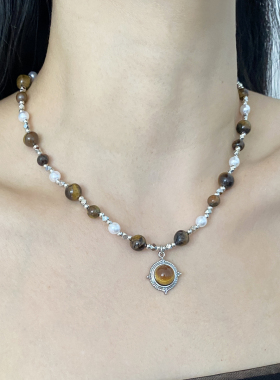 虎眼石串珠女棕色圆珠项链毛衣链