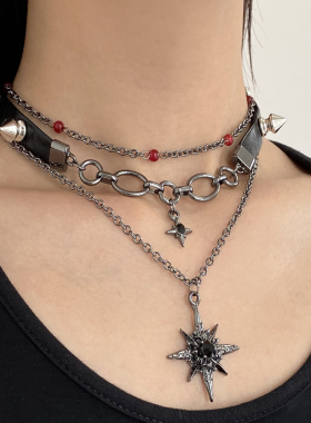 皮革铆钉芒星吊坠项链锁骨链颈链