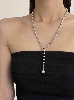 法式银色金属球珍珠流苏长项链女