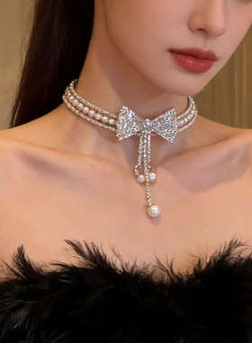 轻奢满钻蝴蝶结珍珠串珠项链项圈