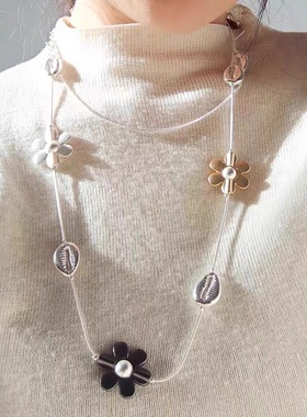 长款叠戴金属花朵项链锁骨链颈链