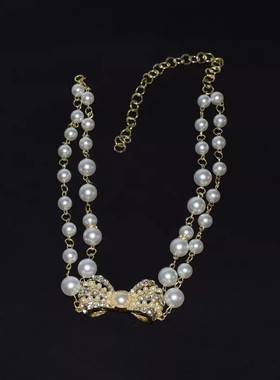 赫本风双层珍珠镶钻蝴蝶结项链女