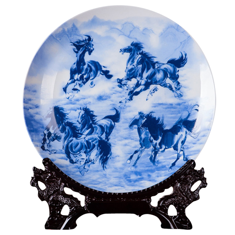 景德镇陶瓷青花瓷盘中式工艺品摆设家居装饰品玄关博古架坐盘摆件,淘宝优惠券,粉丝福利购,淘宝优惠卷