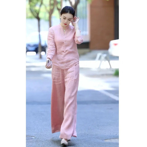 年轻妈妈时尚套装秋季气质棉麻漂亮上衣宽松亚麻阔腿裤休闲两件套-图0