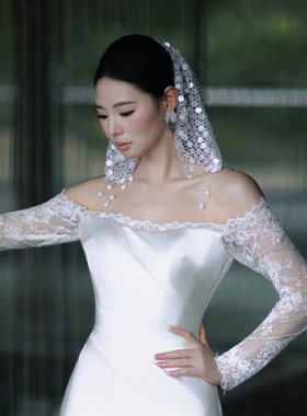 法式新娘短款头巾白色蕾丝花边贝壳亮片结婚主婚纱高级感超仙头饰