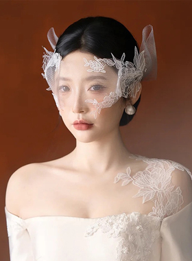 法式复古白色蕾丝花朵遮面头饰面纱眼罩新娘婚纱礼服造型拍照发饰