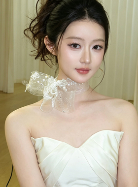 新娘甜美白色蝴蝶结蕾丝颈链婚纱配饰婚礼拍照造型时尚百搭