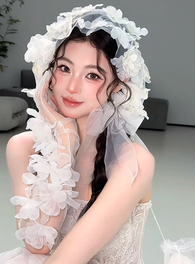法式风白色花朵包头纱新娘超仙立体网纱婚纱发饰高级感拍照道具