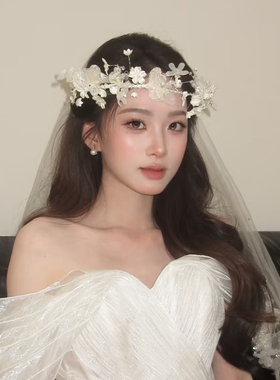 法式风新娘白色蕾丝花朵发箍超仙高级感婚纱头饰森系配饰