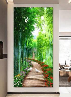 入户玄关装饰画3D立体高清走廊过道山水风景壁画竖版进门自粘贴画