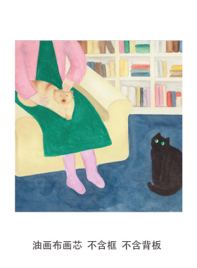 小清新治愈系粉灯下的黑猫高清艺术海报装饰画卡通挂画可替换画芯