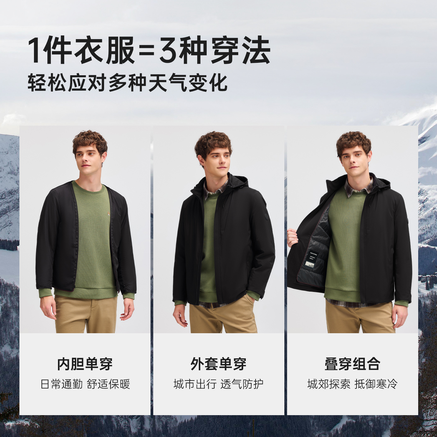 【可拆卸内胆】暇步士男装2025冬季新款一衣多穿鹅绒保暖羽绒服男