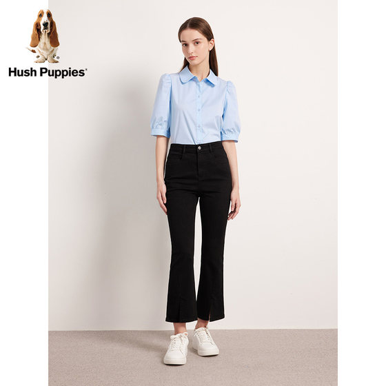 Hush Puppies 여성 2023 여름 스트레치 하이 웨이스트 블랙 슬림핏 플레어 청바지