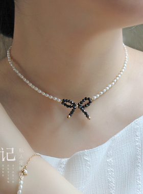 短款天然淡水珍珠锁骨项链尖晶石蝴蝶结可调节颈链choker复古轻奢