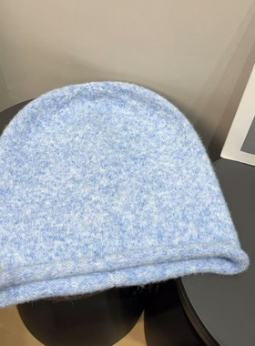 大头围复古禾木雪乡温柔蓝色针织堆堆帽女秋冬保暖显脸小毛线帽子