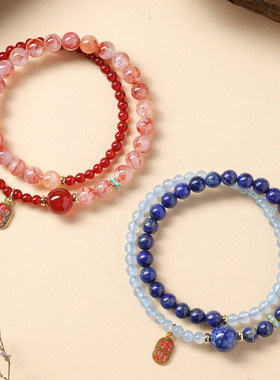 天然红玛瑙双圈手链双色红胶花五行水晶小众精致男女款手饰手串