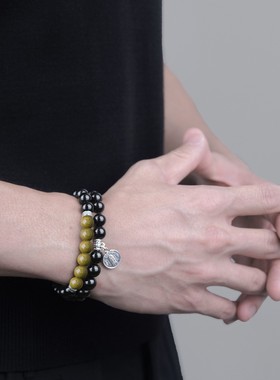 【五路财神】天然黑曜石绿檀木手串补木补水串珠手链男盘玩送男友